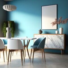 Interior design of modern dining room or living room, marble table and chairs. Wooden sideboard over blue wall. Home interior. 3d rendering