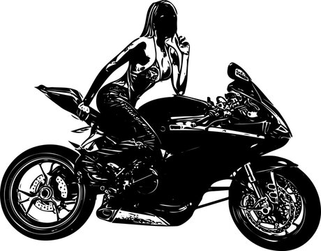 Silhouette of stylish girl sitting on modern motorbike, Sketch drawing illustration of woman sitting on bike in stylish pose, A beautiful sexy woman sits on a green sports bike