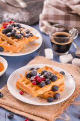 Waffles with red currant and blueberries on white dish.