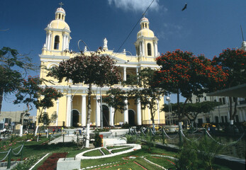 Peru July 8 2018 Main Park in Chiclayo town. This green area is a meeting point for inhabitants and...