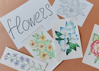 Photo of painted flowers on the table. Floral illustrations.