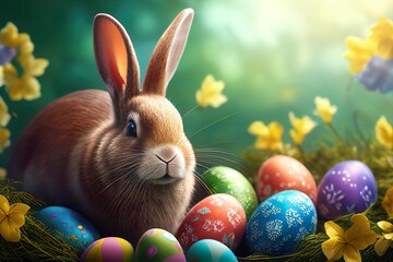 Kaninchen / Hase mit bunten Ostereier aufm Rassen mit Fr&uuml;hlingsblumen, Osterbild , Postkarte, generative AI