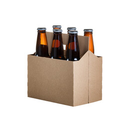 Six pack of glass bottled beer in generic brown cardboard carrier isolated on transparent background - 573014864