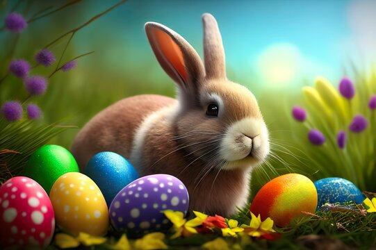 Kaninchen / Hase mit bunten Ostereier aufm Rassen mit Frühlingsblumen, Osterbild , Postkarte, generative AI
