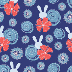 Vector Dark Blue Bunny and flowers seamless pattern background. Perfect for fabric, scrapbooking, wallpaper projects.