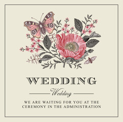 Butterflies Peacock moth insect fly Greeting invitation card wedding Beautiful frame label Set Flowers Poppy Poppies realistic Engraving drawing Freehand wreath. Vector victorian style Illustration   