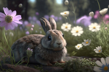A cute rabbit in greenery with flowers, generative ai