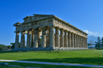Fototapeta na wymiar Architecture of an ancient Greek temple in the archaeological park of Paestum in Campania, Italy.