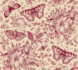 Zelfklevend Fotobehang Seamless pattern Flowers. Butterflies moths insect fly Blooming Dogrose Rosehip wild rose realistic isolated Vintage fabric background Set Wildflowers. Drawing engraving Vector victorian Illustration  © Наталья Лобенко