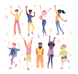 Happy People Characters Rejoicing and Cheering Vector Set