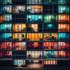 Apartment building in the evening with lighting in the apartments - 573017276