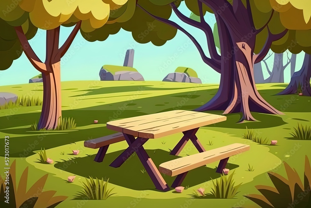Poster an image of a wooden table set up in a grassy meadow surrounded by trees on a bright day generative 