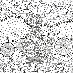 Abstract asian pattern with ornate cat on isolated white. Hand drawn abstract patterns on isolation background. Design for spiritual relaxation for adults. Black and white illustration