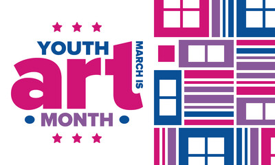 Youth Art Month. Celebrated in March in United States. Month promotion of art and art education. Many american schools take part of this event. Creative colorful concept. Poster or background