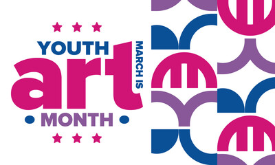 Youth Art Month. Celebrated in March in United States. Month promotion of art and art education. Many american schools take part of this event. Creative colorful concept. Poster or background