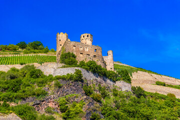 Fototapeta na wymiar Ancient German fortress, ruins of Ehrenfels castle in Ruedesheim am Rhein Rhine, Rudesheim, Rheingau-Taunus-Kreis, Darmstadt, Hessen, Germany