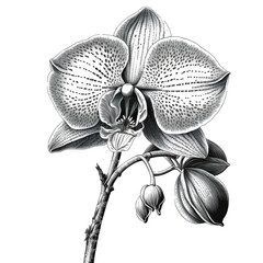 Black and white orchid bloom illustration, transparent background, flower, generative ai