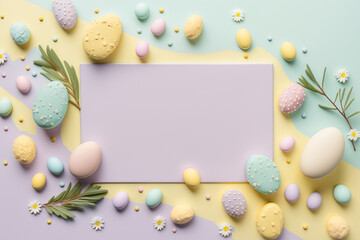 Naklejka na ściany i meble Light Easter background in pastel colors. Template for Design. Mock Up. AI generated. Copy space. AI generated.