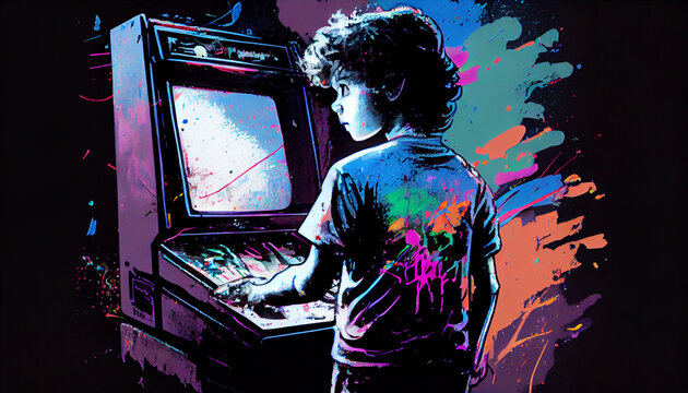 Boy playing an arcade game, 80s style, Generative AI