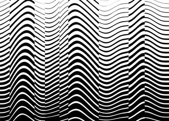 Abstract striped vector pattern of black wavy and broken lines on a white background. For wall decor, interior, wallpaper, furniture, web design, printing, packaging, advertising. Modern striped vecto