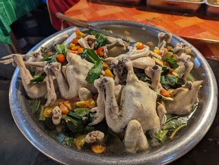 Chicken, Food and Insect, ready to eat at local Market in Vientiane laos. Local food, delicious