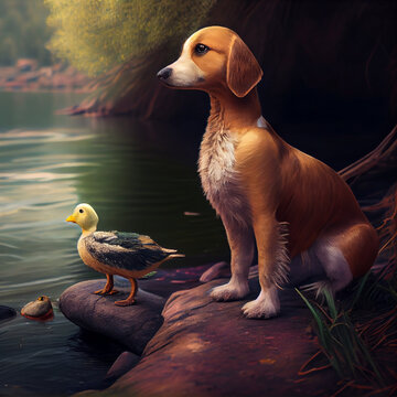 dog and a duck sitting at back of a river