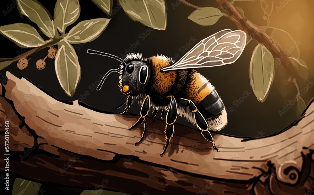Poster gardening activity: a bee mining for andrena on a tree branch generative ai