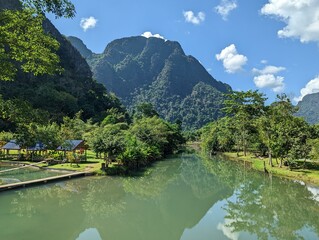 Fototapeta premium Blue Lagoon at Vang Vieng. Refreshing swim in the Lagoon, Mountain feeling, Relaxing, Country Laos, Lao