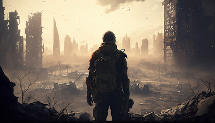 Post-apocalyptic world, a person against the backdrop of a destroyed city - obrazy, fototapety, plakaty