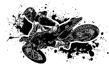 Fototapeta na wymiar Bike stunt monogram, Biker doing stunt line art vector silhouette, Motorcycle racing side view designed on splatter background