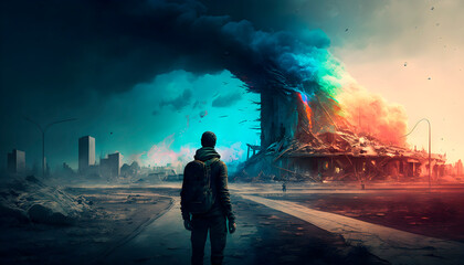 Post-apocalyptic world, a person against the backdrop of a destroyed city