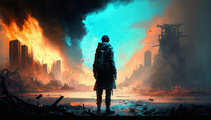 Post-apocalyptic world, a person against the backdrop of a destroyed city