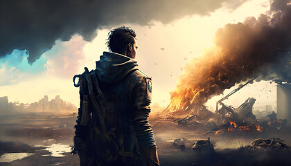 Post-apocalyptic world, a person against the backdrop of a destroyed city