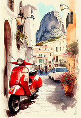 Italy in watercolor, Positano landscape, italian landscape, ai generative, home decoration, wall decor, wall art
