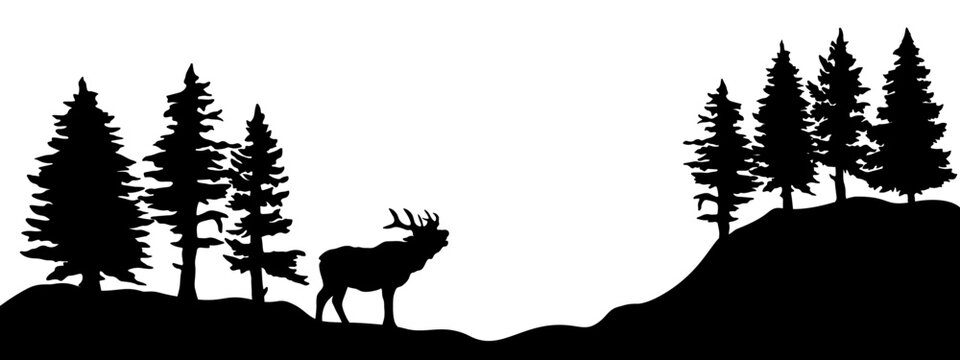 Black silhouette of wild deer and forest fir trees camping wildlife landscape panorama illustration icon vector for logo, isolated on white background