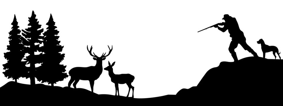 Wildlife forest landscape hunt hobby leisure background banner illustration vector for logo - Black silhouette of hunter and dog hunting, deer and forest trees fir, isolated on white background