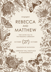 Butterfly Peacock moth insect fly. Thank You Greeting invitation card wedding. Beautiful frame label. Set Flowers Poppy realistic. Engraving drawing Freehand Flora. Vector victorian style Illustration