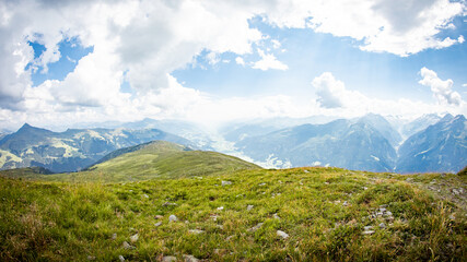 wide angle panorama in the alps looking down the valley and down the mountain