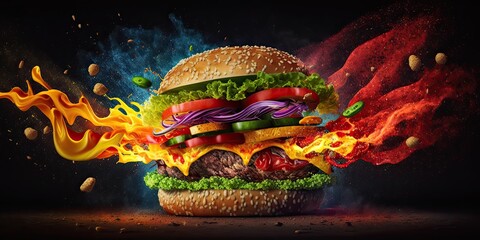 spciy beef burger on fire