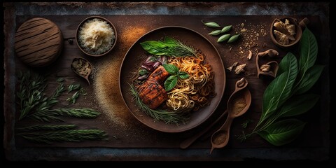 Miso Ramen Asian noodles with egg, pork and pak choi cabbage in bowl on dark background. Japanese cuisine. Top view. Banner