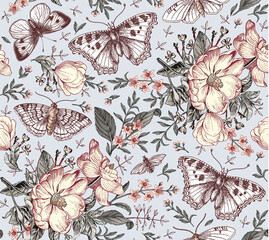 Seamless pattern Flowers. Butterflies moths insect fly Blooming Dogrose Rosehip wild rose realistic isolated Vintage fabric background Set Wildflowers. Drawing engraving Vector victorian Illustration