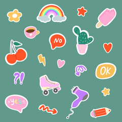 Set of funny stickers. Retro badges. Tea, roller skate, ice-cream, hair dryer, rainbow, pencil and others. Different Phrases and words. Cartoon style