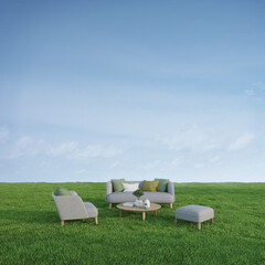 Sofa armchair and table in green meadow grass with blue sky background.3d rendering