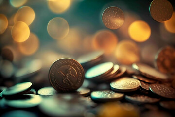 many gold coins blurred background, generative AI, bullion, currency, precious metals, numismatics - obrazy, fototapety, plakaty
