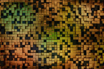Abstract 3d square pixels template gold and black metal colors. Red,yellow and green light on surface. Abstract square pixels template. 3d rendering illustration