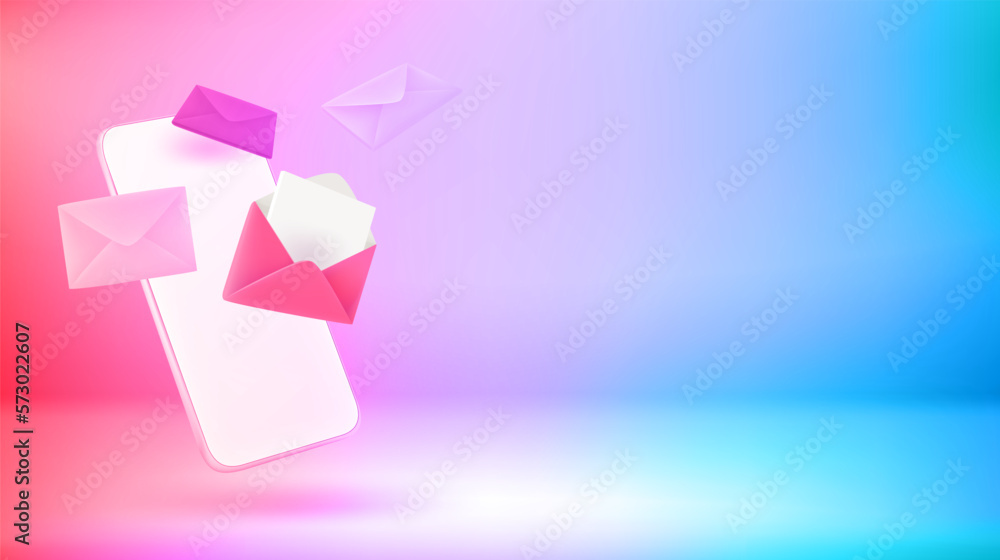 Leinwandbilder sending mail via mobile phone. vector 3d banner with copy space
