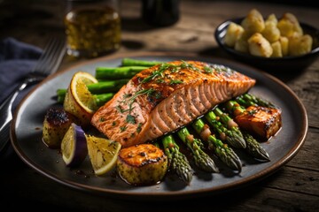 A piece of grilled salmon with asparagus and roast potatoes