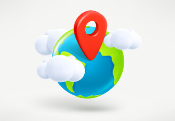 The Earth with red pin of GPS location. 3d vector illustration


