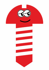 Screw with eyes and mouth, humorous vector illustration, red color on white background.