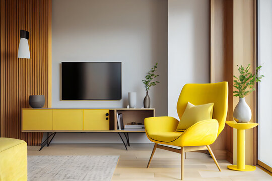 Modern Living Room With A Yellow Armchair And A Wooden TV Stand Against A Light Wall With A Subtle Glow Effect. Clean And Contemporary Aesthetic With A Pop Of Color. Generative AI